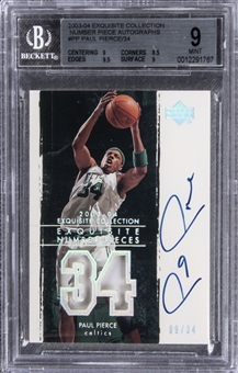 2003-04 UD "Exquisite Collection" Number Piece Autographs #PP Paul Pierce Signed Game Used Patch Card (#09/34) – BGS MINT 9/BGS 10